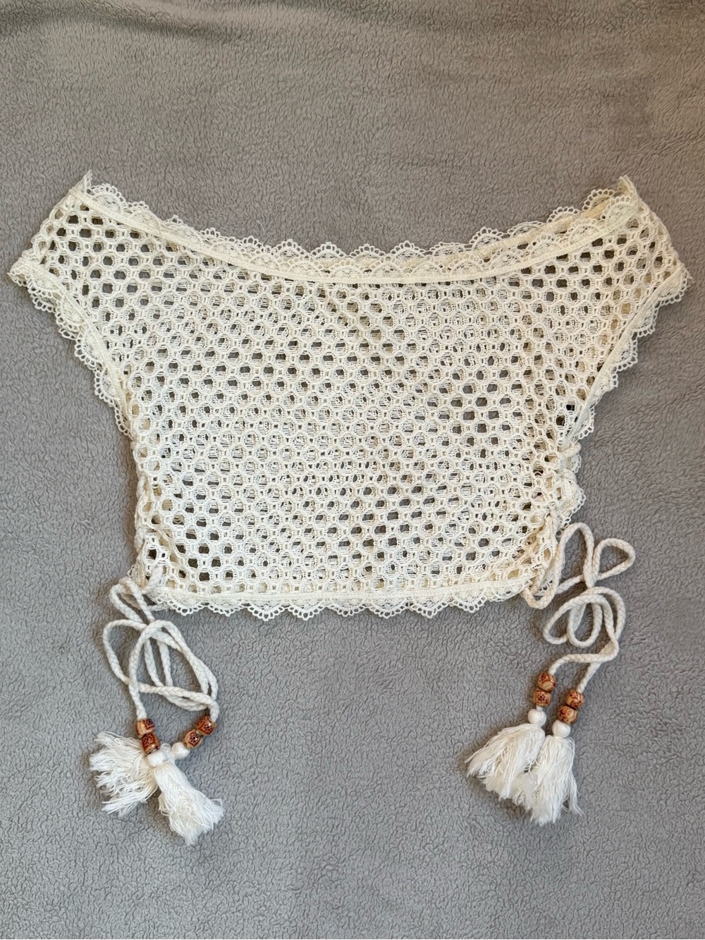 Crochet White Crop Beach Top with Tassels and wooden beads